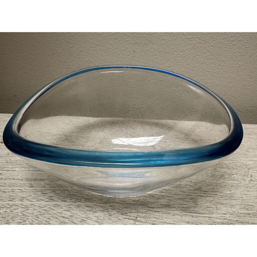 Holmegaard Selandia Style Art Glass Bowl Blue Rim Tri-Corner 7" 1lb 4oz Vtg MC